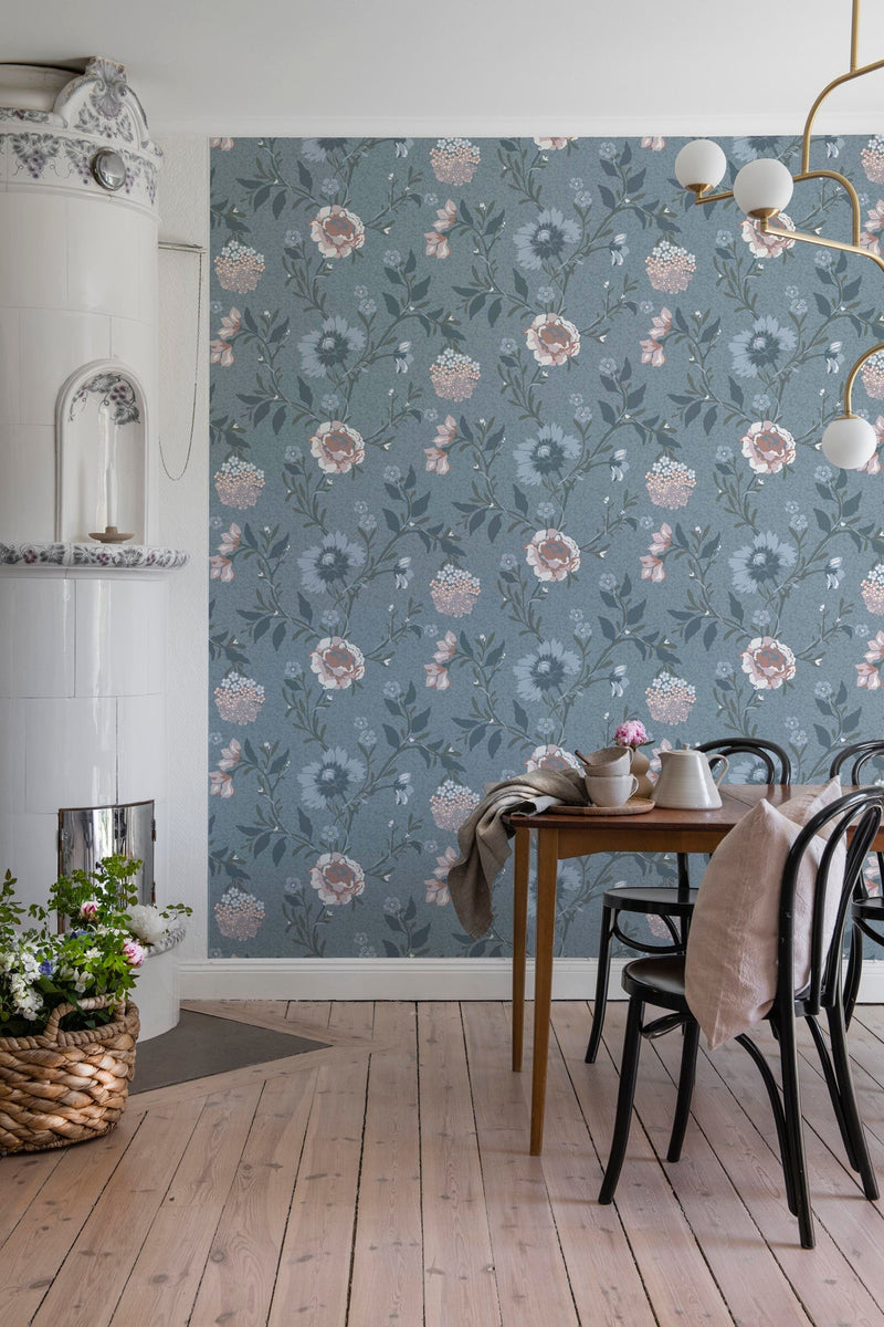 Vildros - Large Floral Wallpaper - Blue/Pink