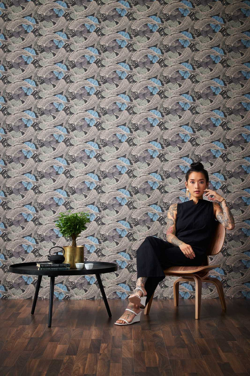 Tokyo Fish Bowl Wallpaper - Blue/Metallic/Black