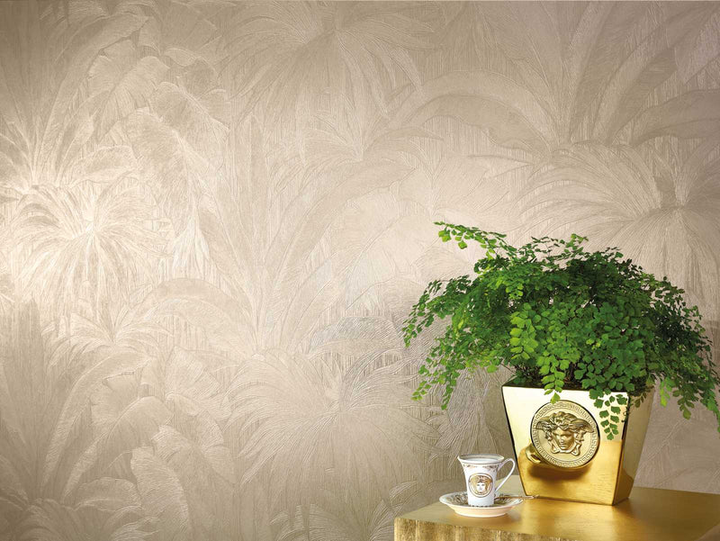 Versace Giungla Palm Leaves Wallpaper - Cream/Silver