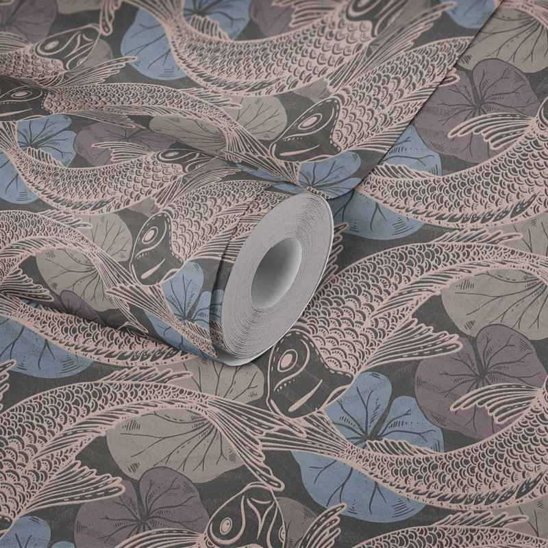 Tokyo Fish Bowl Wallpaper - Blue/Metallic/Black