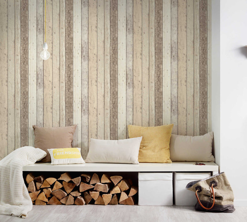 Distressed Wood Wallpaper - Cream