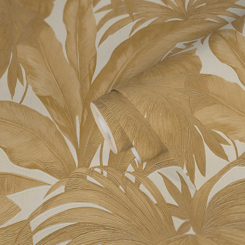 A4 Sample Versace Giungla Palm Leaves Wallpaper - Gold/Cream