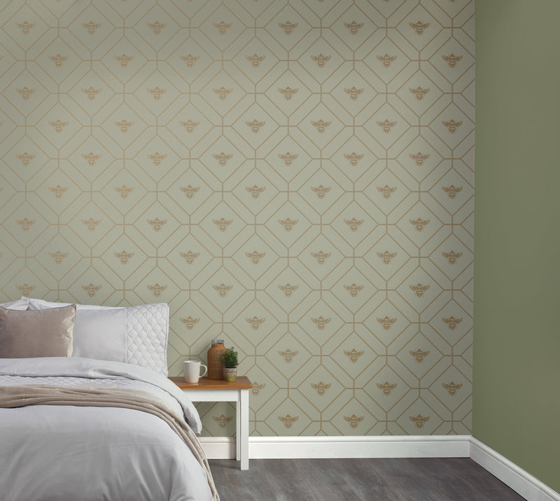 Honeycomb Bee - Geometric Metallic Wallpaper - Sage Green