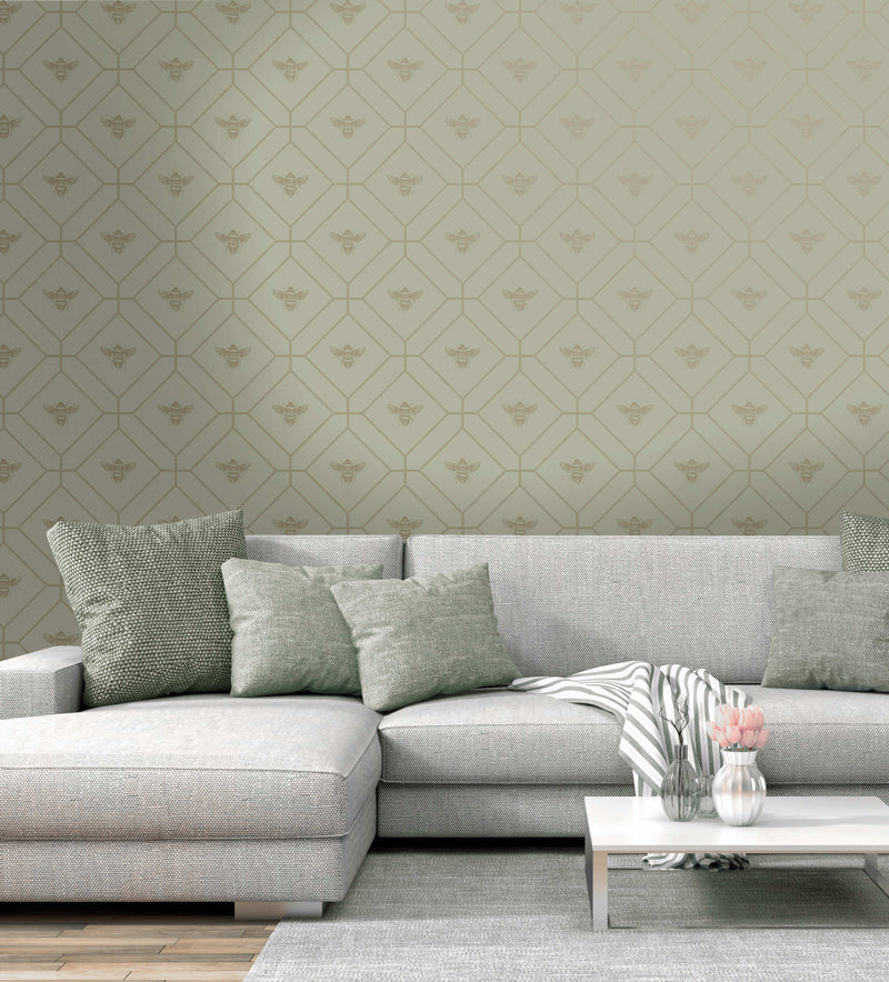 Honeycomb Bee - Geometric Metallic Wallpaper - Sage Green