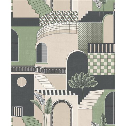 Sample - Medina - Cityscape Labyrinth Wallpaper - Green