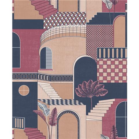 Sample - Medina - Cityscape Labyrinth Wallpaper - Red/navy