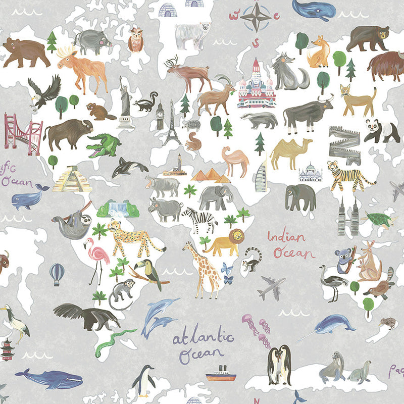 Animal Maps Wallpaper - Grey