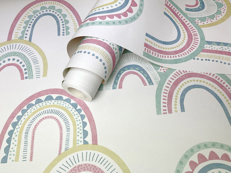 Boho Rainbow Wallpaper - Pink + Duckegg