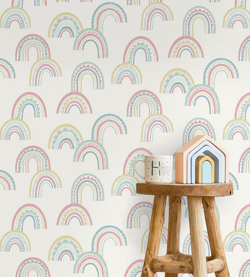 Boho Rainbow Wallpaper - Pink + Duckegg