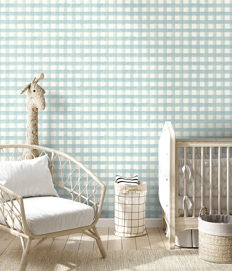 Watercolour Gingham Wallpaper - Soft Teal