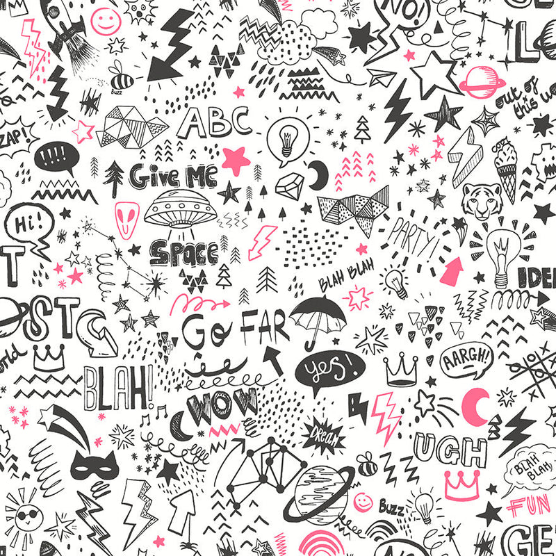 Doodle Wallpaper - White/Neon Pink