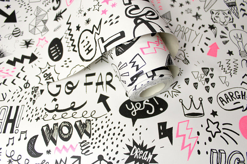 Doodle Wallpaper - White/Neon Pink