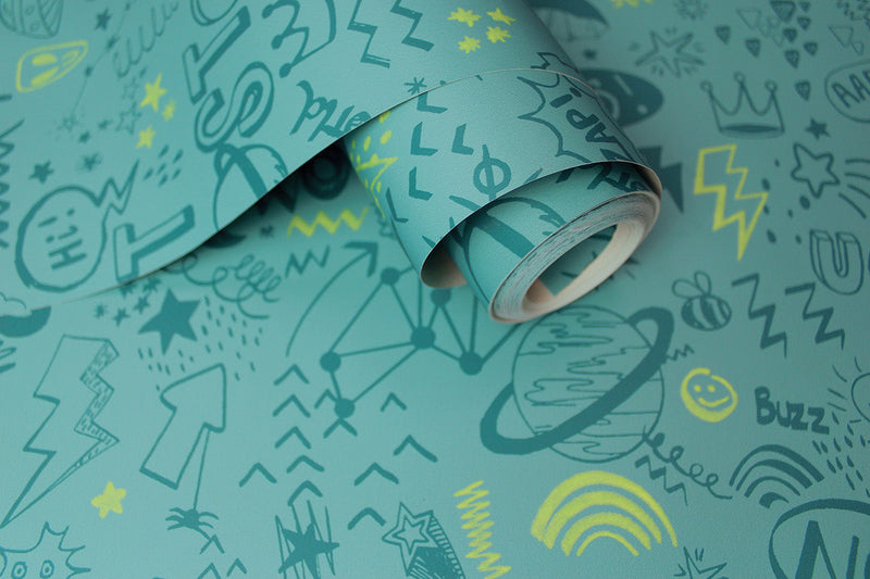 Doodle Wallpaper - Teal/Neon Yellow