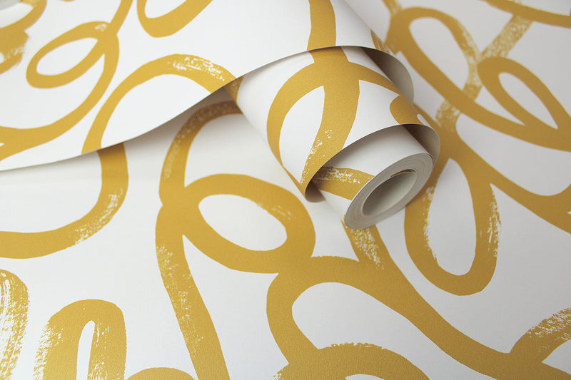 Squiggles Wallpaper - Ochre + White