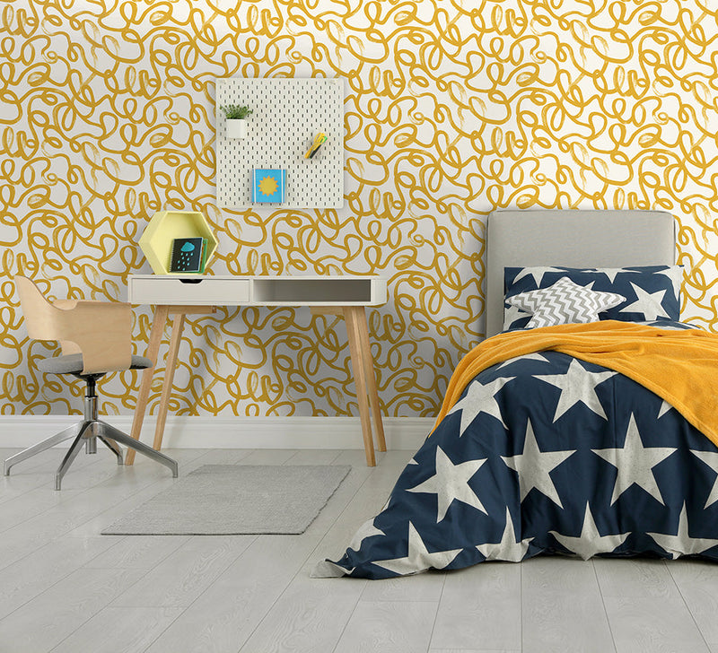 Squiggles Wallpaper - Ochre + White