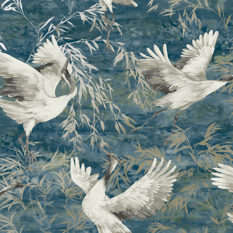 Sample - Sarus - Cranes Asian Watercolour Wallpaper - Teal