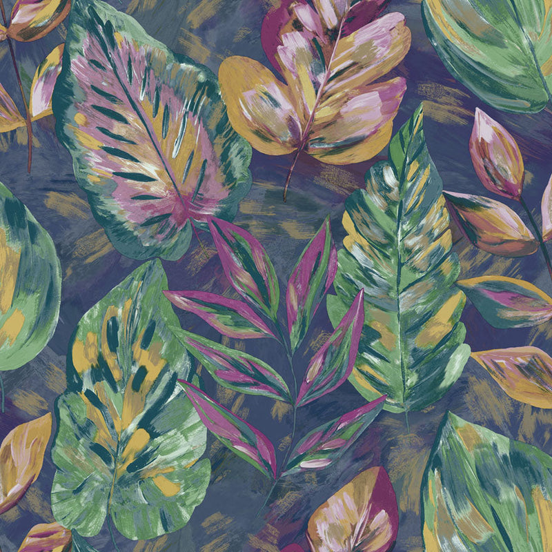 Sample - Aralia - fabric effect foliage Wallpaper - Navy/Pink