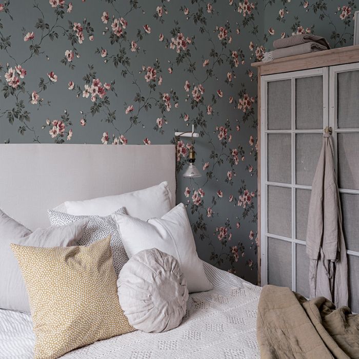 Kristina - Pastel Floral Wallpaper - Dark Grey