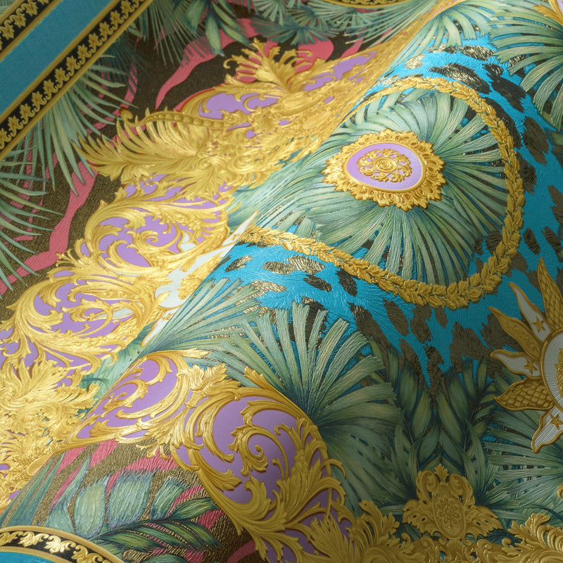 Versace Jungle Tile Wallpaper - Blue Gold Pink