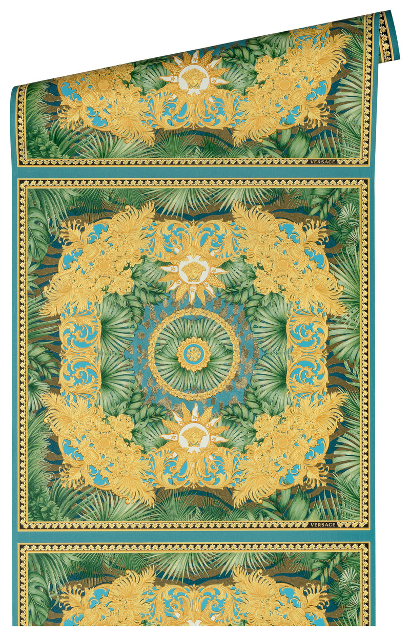 Versace Jungle Tile Wallpaper - Blue Gold Green