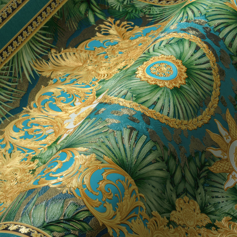 Versace Jungle Tile Wallpaper - Blue Gold Green