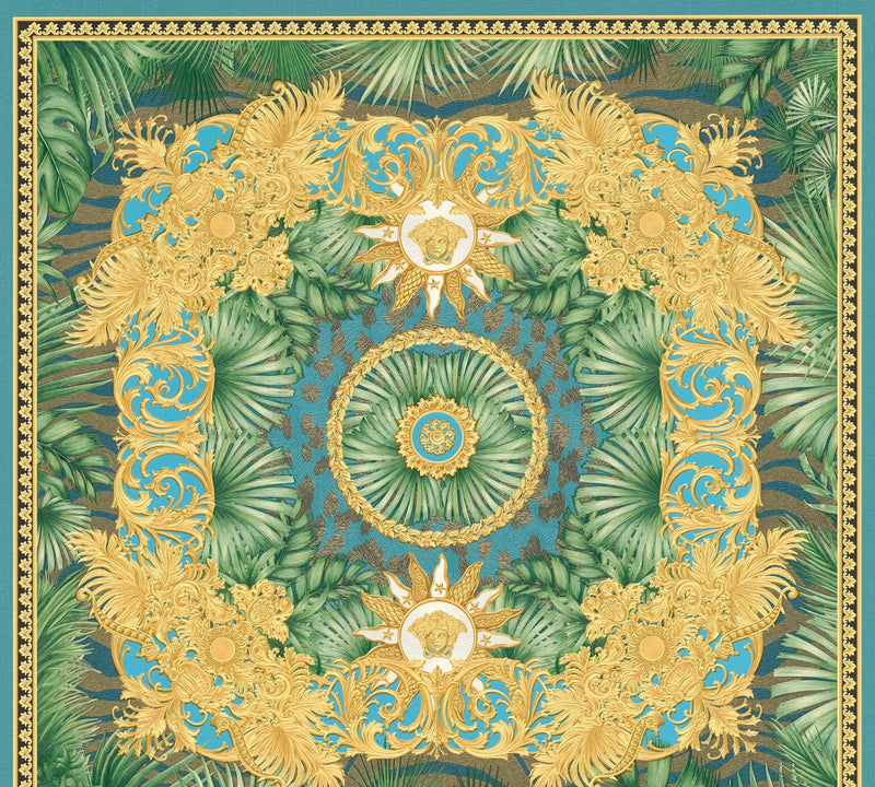 Versace Jungle Tile Wallpaper - Blue Gold Green