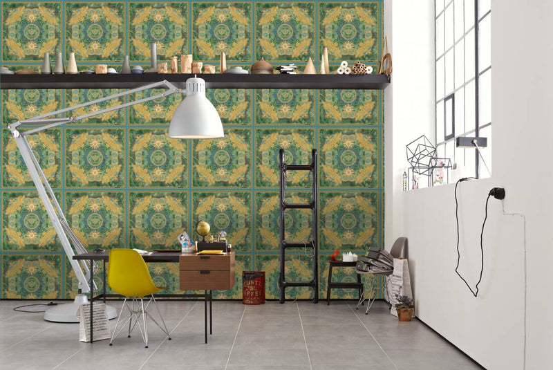 Versace Jungle Tile Wallpaper - Blue Gold Green