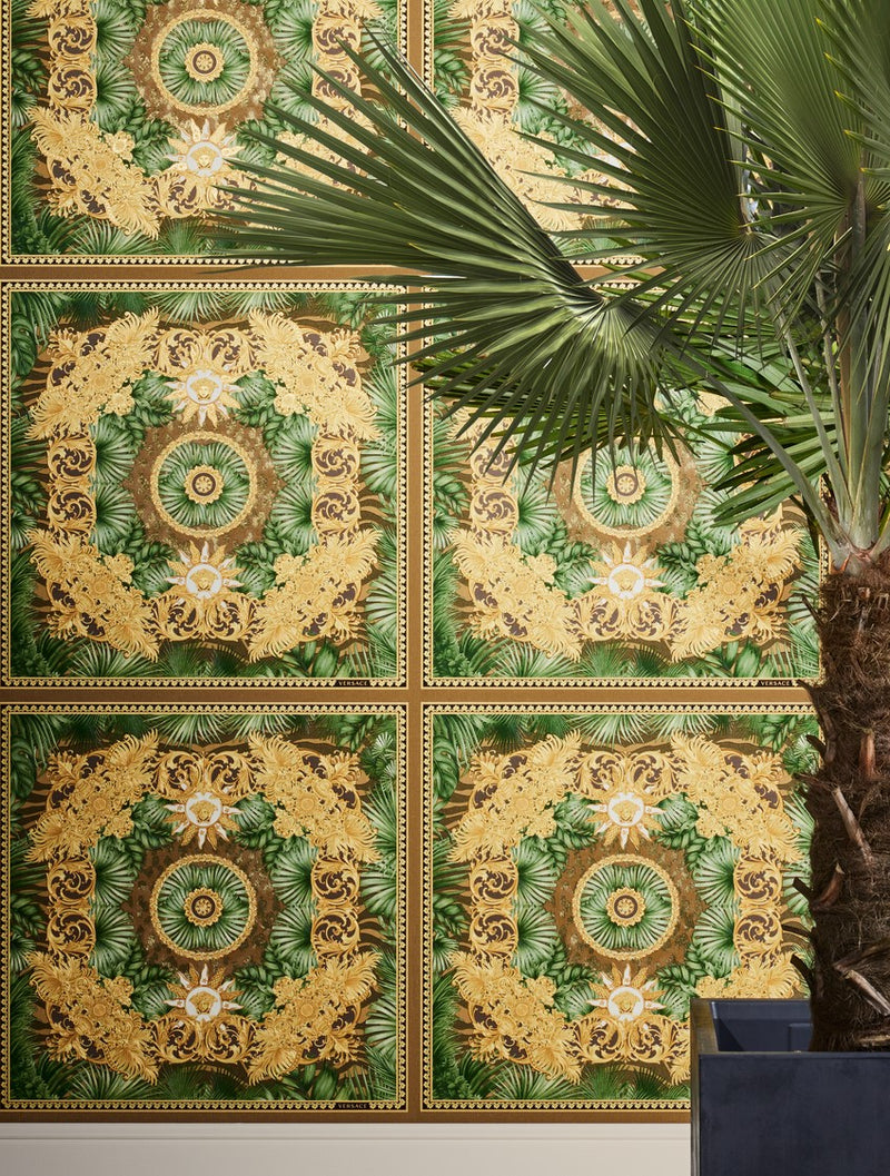 Versace Jungle Tile Wallpaper - Brown Gold Green