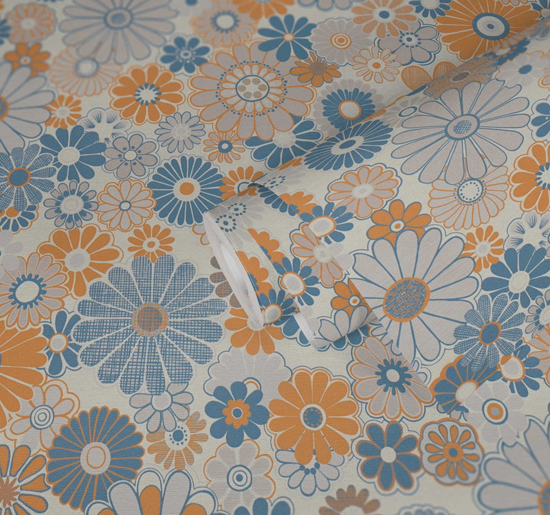 Retro Flowers Wallpaper - Blue