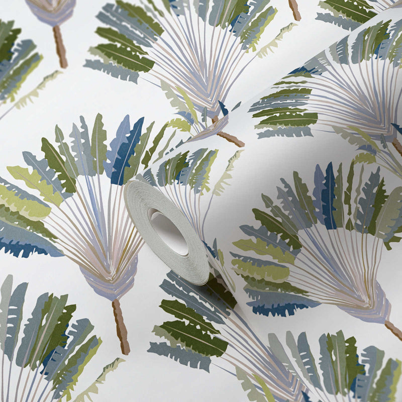 Watercolour Fan Trees Wallpaper (Jungle Chic Collection) - White/Green