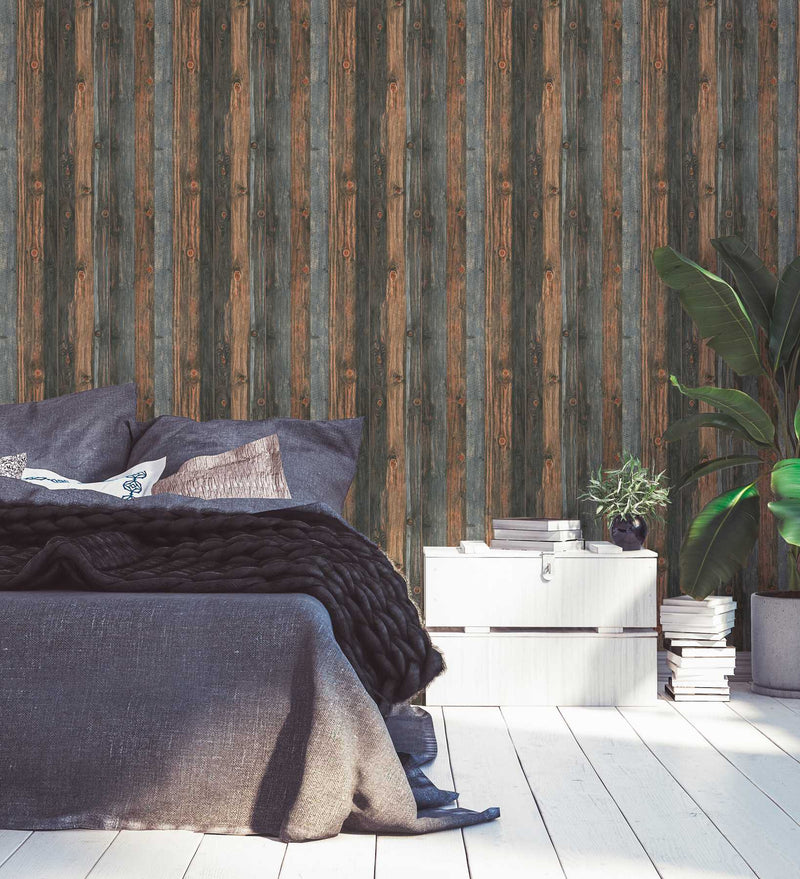 Distressed Wood Wallpaper - Blue Brown