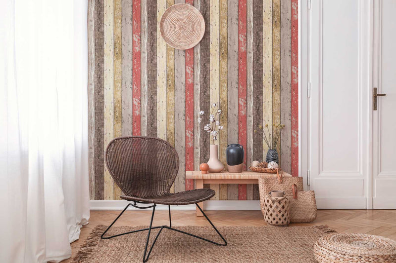 Distressed Wood Wallpaper - Red