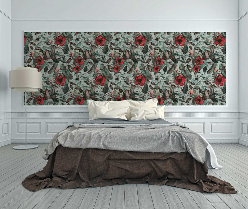 Graphic Floral Wallpaper - Grey - Red