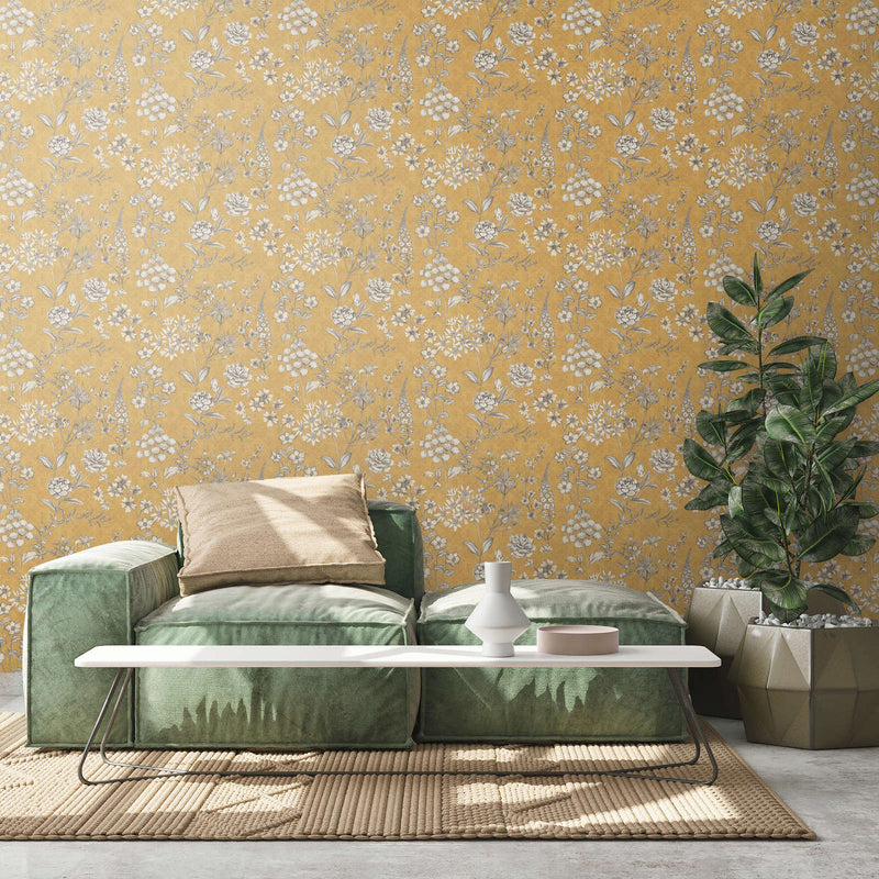 Stockholm Floral Wallpaper - Yellow Ochre