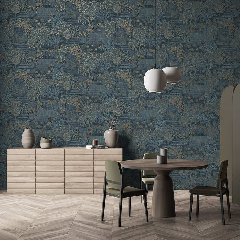 Mirissa - Faux Embroidered Garden Wallpaper - Blue