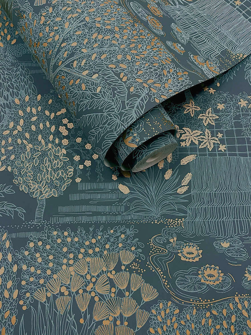 Mirissa - Faux Embroidered Garden Wallpaper - Blue