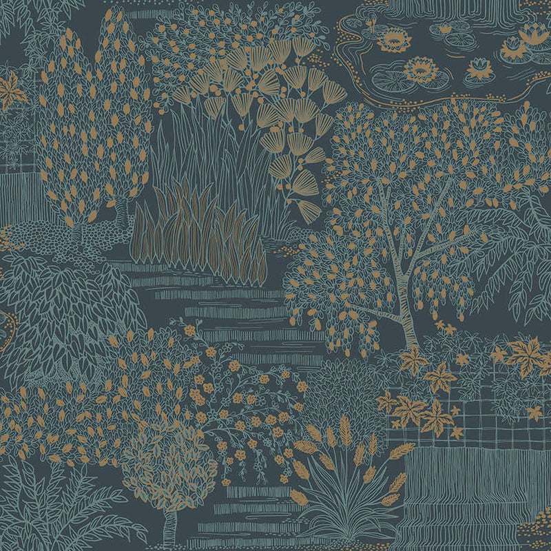 Mirissa - Faux Embroidered Garden Wallpaper - Blue