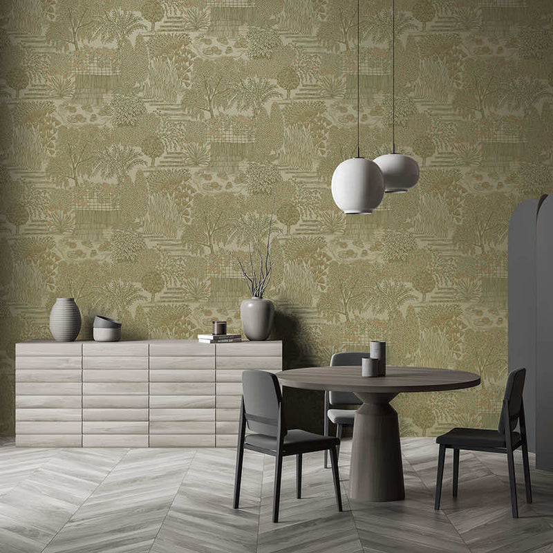 Mirissa - Faux Embroidered Garden Wallpaper - Khaki