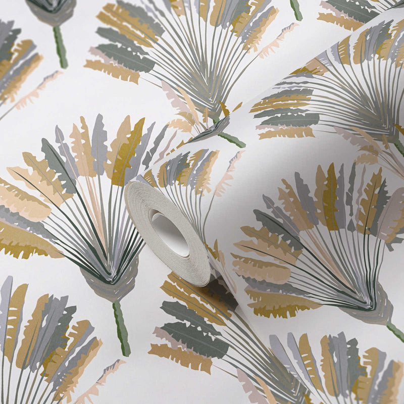 Watercolour Fan Trees Wallpaper (Jungle Chic Collection) - White/Cream