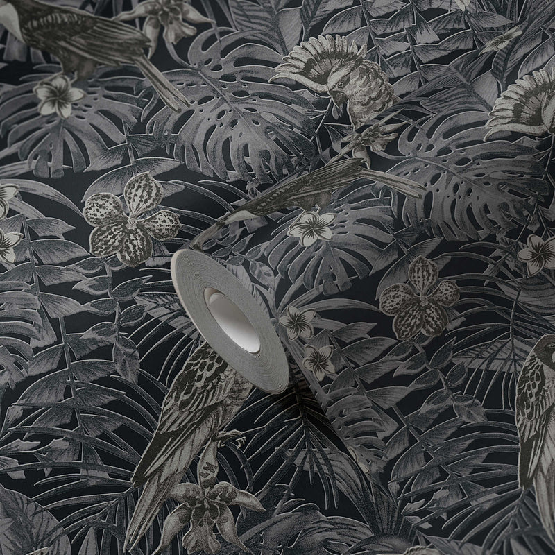 Jungle Parrots Wallpaper - Black + Grey