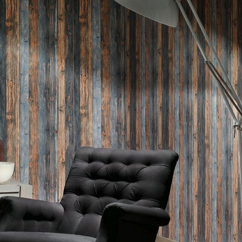 Distressed Wood Wallpaper - Blue Brown