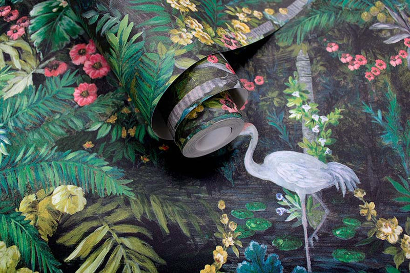 Masoala - Tropical Wallpaper With Cranes - Black