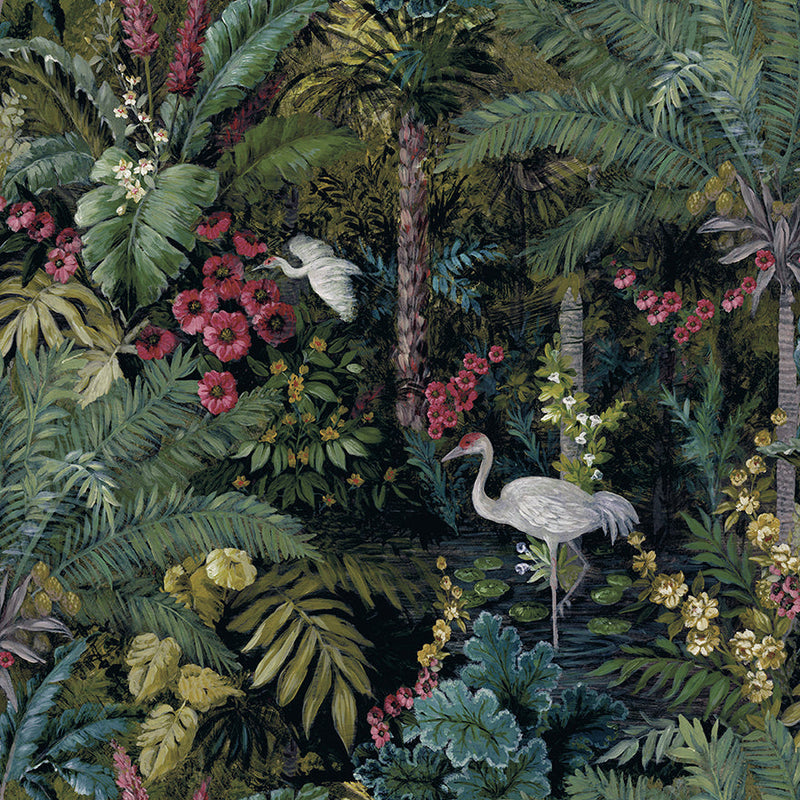 Masoala - Tropical Wallpaper With Cranes - Black