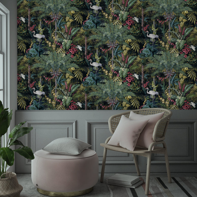 Masoala - tropical wallpaper with cranes - Black – The Inside