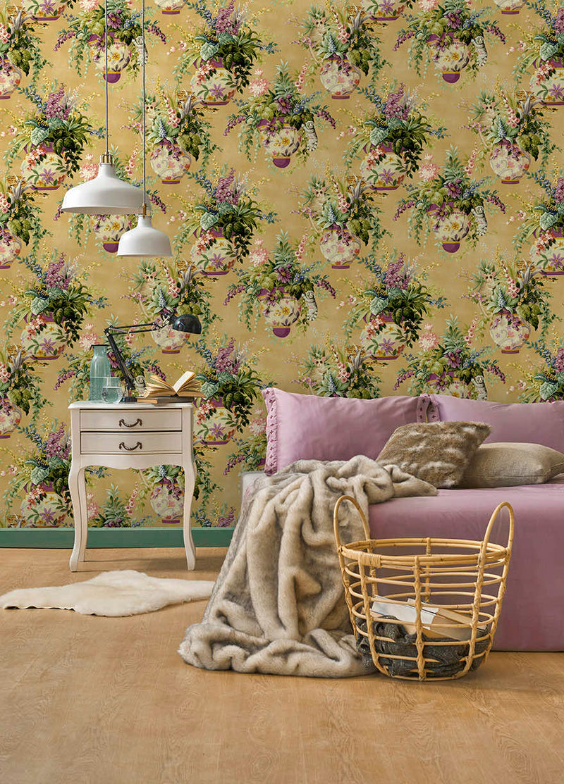 Rivara - Vase and Wildlife Wallpaper - Ochre