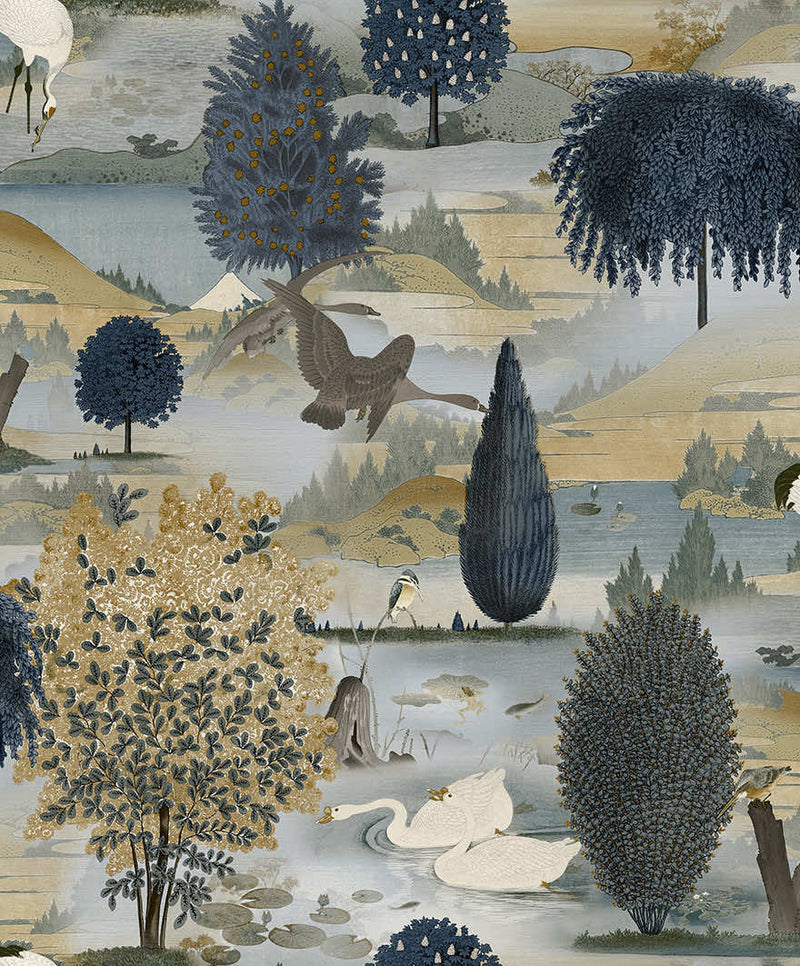 Sample - Tundra - Scenic Landscape Wallpaper - Navy/Ochre