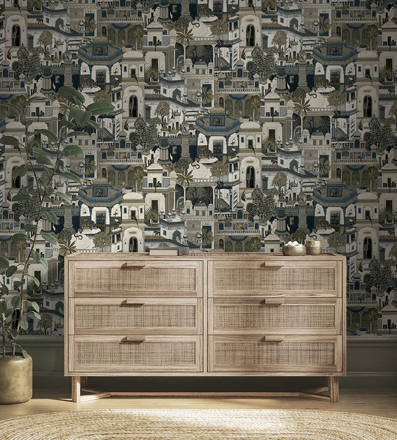 Civita - Moroccan City with Jungle Wallpaper - Navy