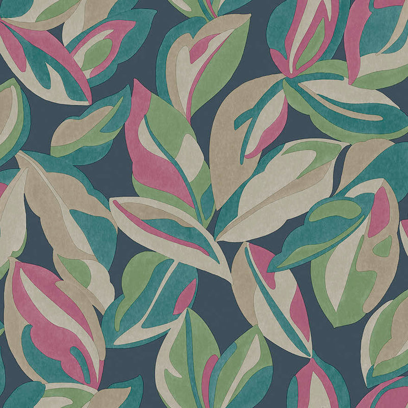 Sample - Nicolai Leaf Wallpaper - Navy