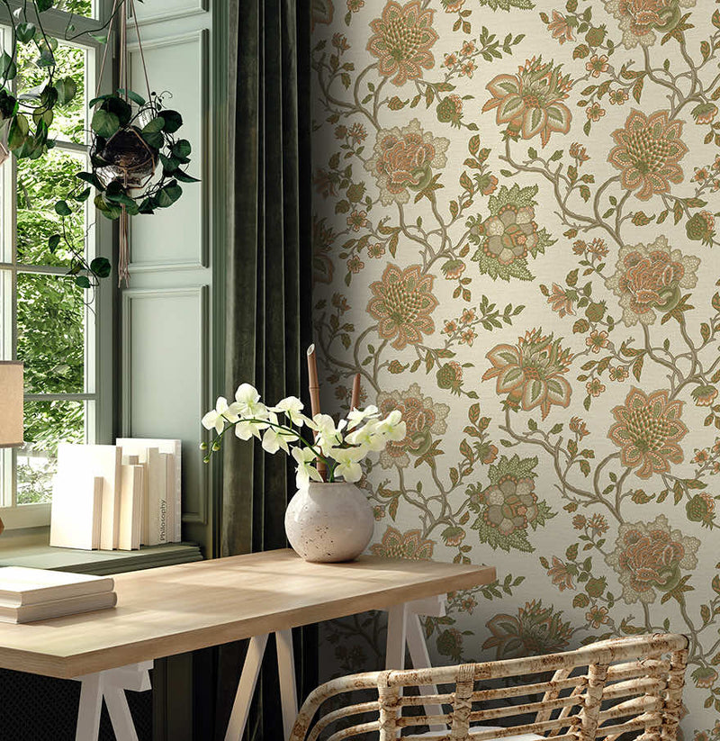 Regan - Artistic Floral Wallpaper - Orange/Sage