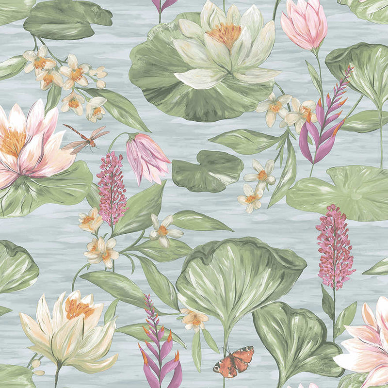 Sample - Water Lily Wallpaper - Blue